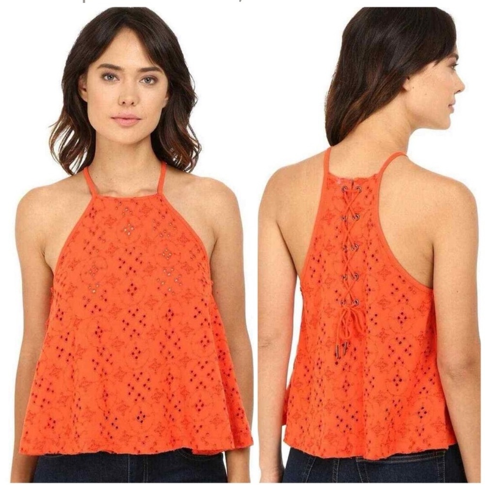 Women’s Orange Eyelet Lace-Up Halter Tank Top